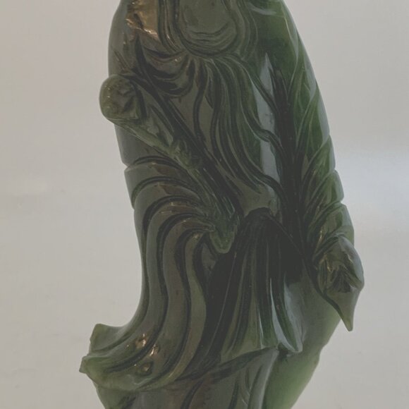 Chinese Nephrite Jade Guanyin 7" Statue w/Stand Hand Carved Deep Green Goddess - Picture 13 of 15